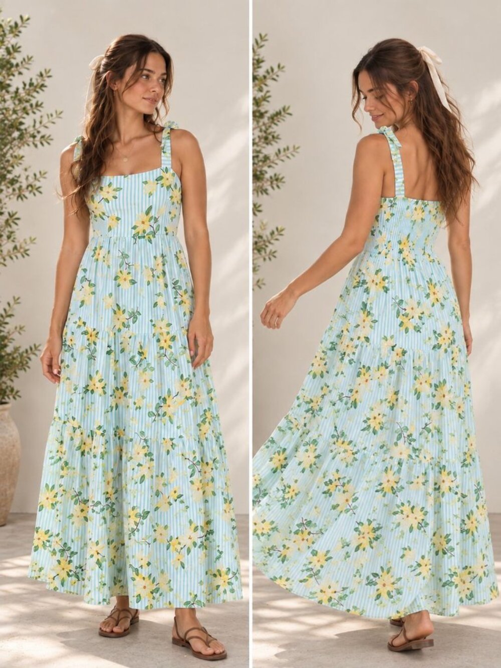 Draper James Lined Blend Striped Floral Maxi Dress L Tiered Smocked Cottagecore